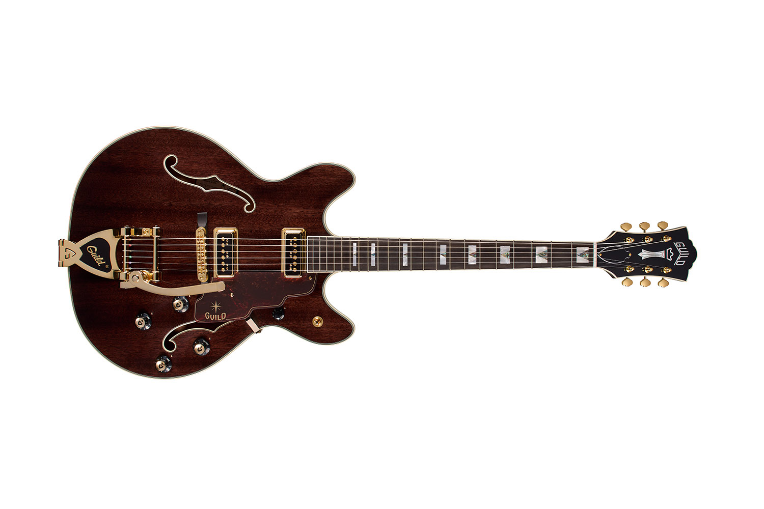 Horizontal front view of Starfire Custom DC GVT GH Nobel Stain guitar