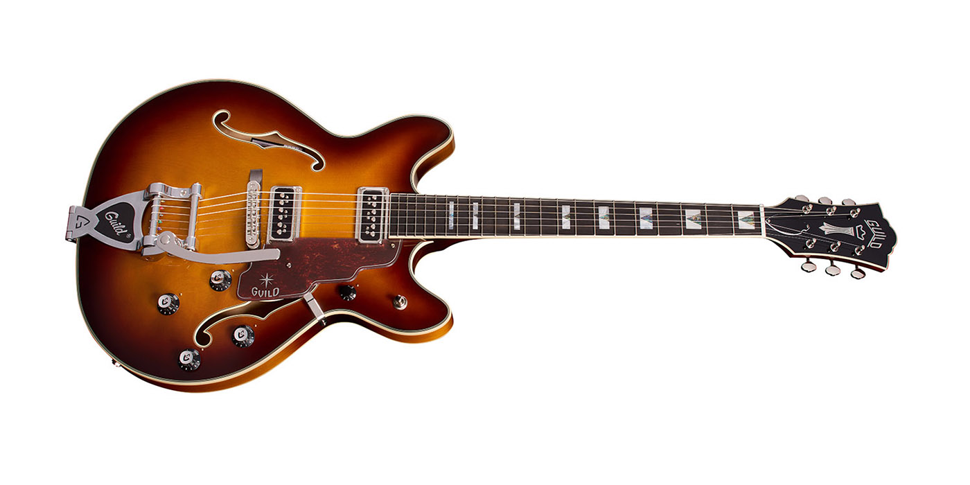 Horizontal side view of Starfire Custom DC GVT Sweet Tea guitar
