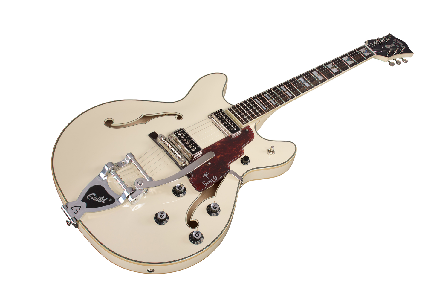 Angled front view of Starfire Custom DC GVT Vintage White guitar