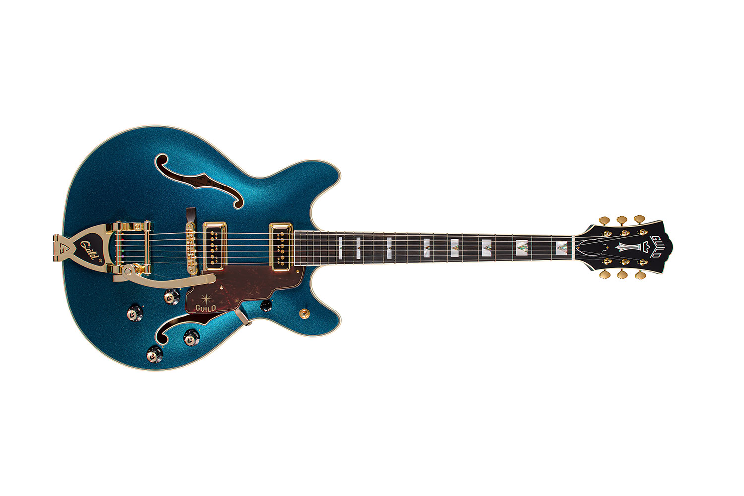 Horizontal front view of Starfire CustomÂ DC GVT GH Teal The Deal guitar