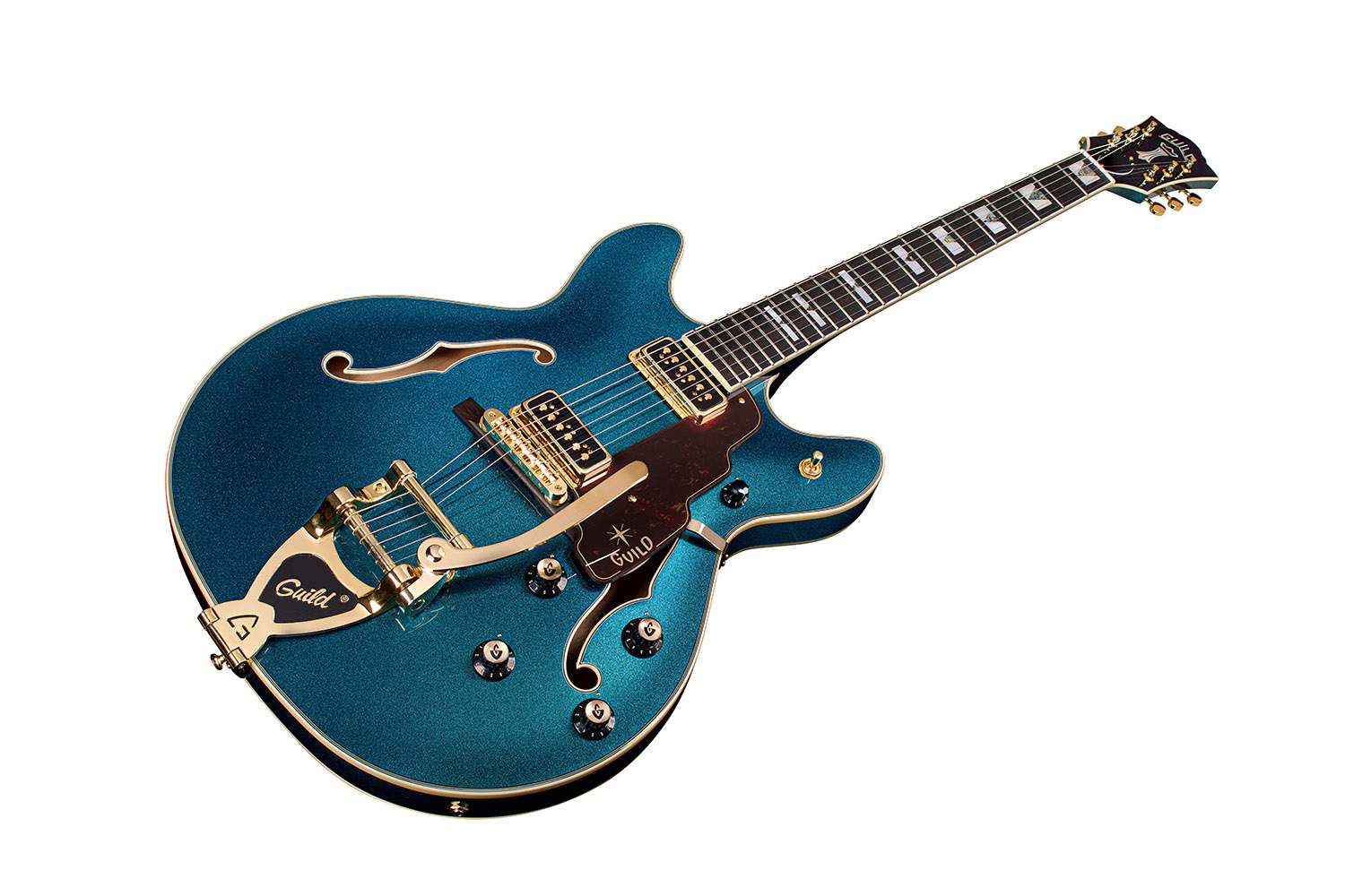 Angled front view of Starfire CustomÂ DC GVT GH Teal The Deal guitar