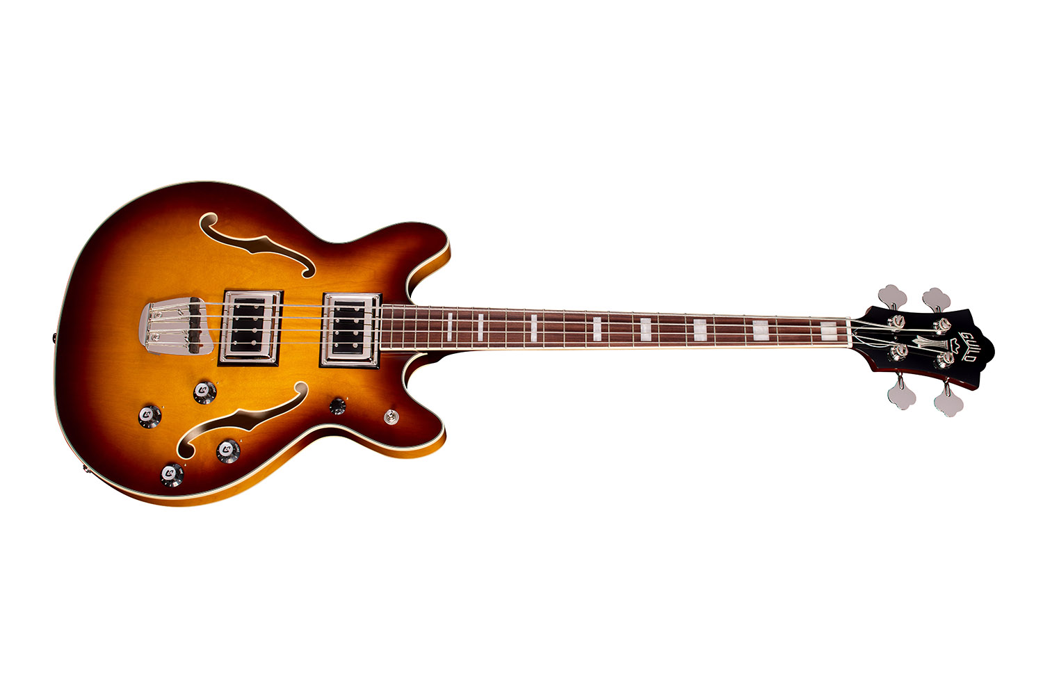 Horizontal side view of Starfire Deluxe Bass Sweet Tea guitar