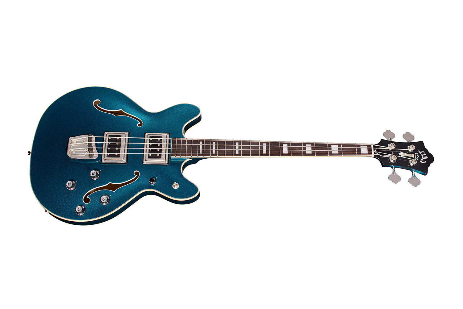 Horizontal side view of Starfire Deluxe Bass Teal the Deal guitar