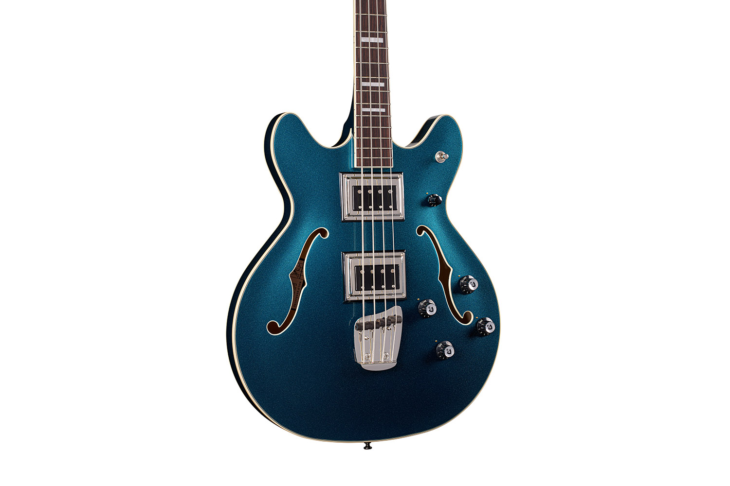 Close-up body view of Starfire Deluxe Bass Teal the Deal guitar