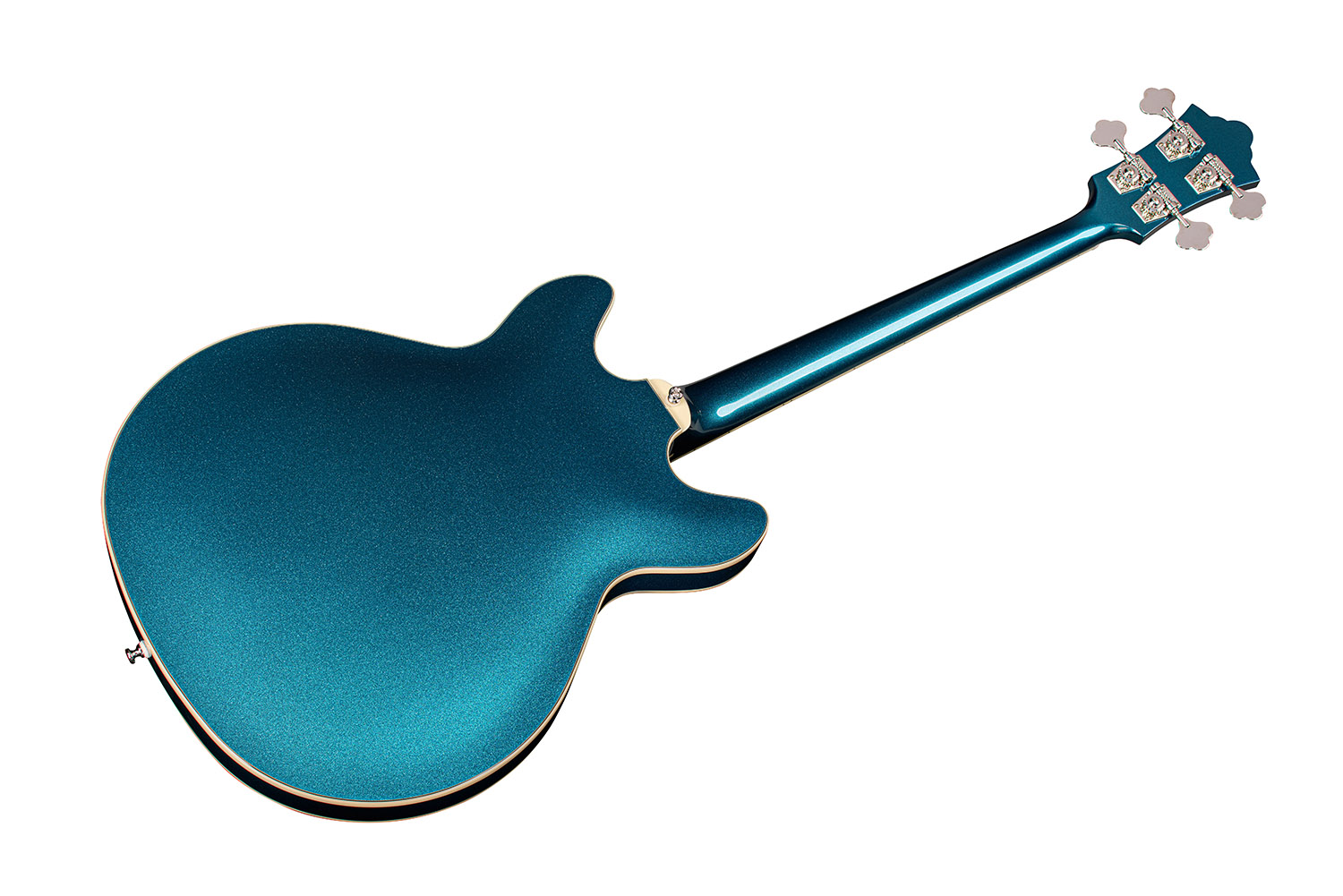 Angled back view of Starfire Deluxe Bass Teal the Deal guitar
