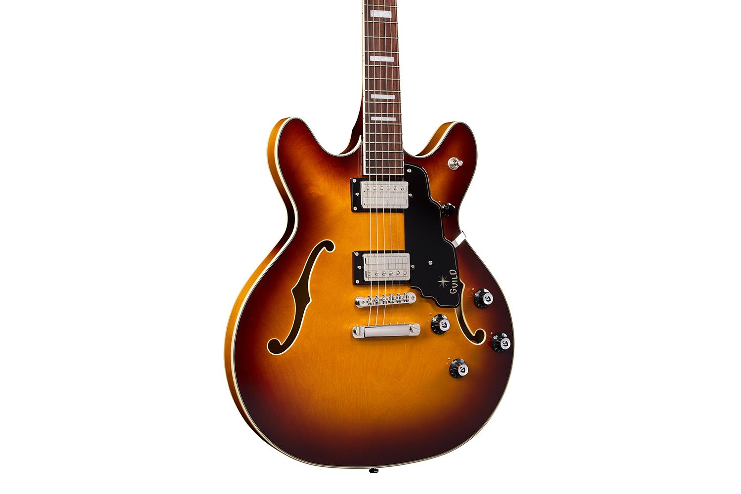 Close-up body view of Starfire Deluxe DC Sweet Tea guitar