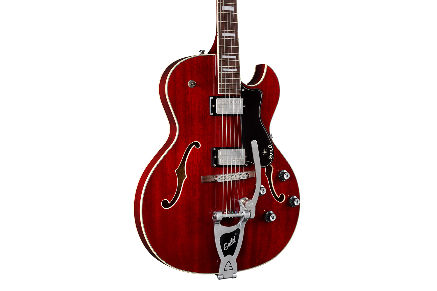 Close-up body view of Starfire Deluxe DC GVT Cherry guitar