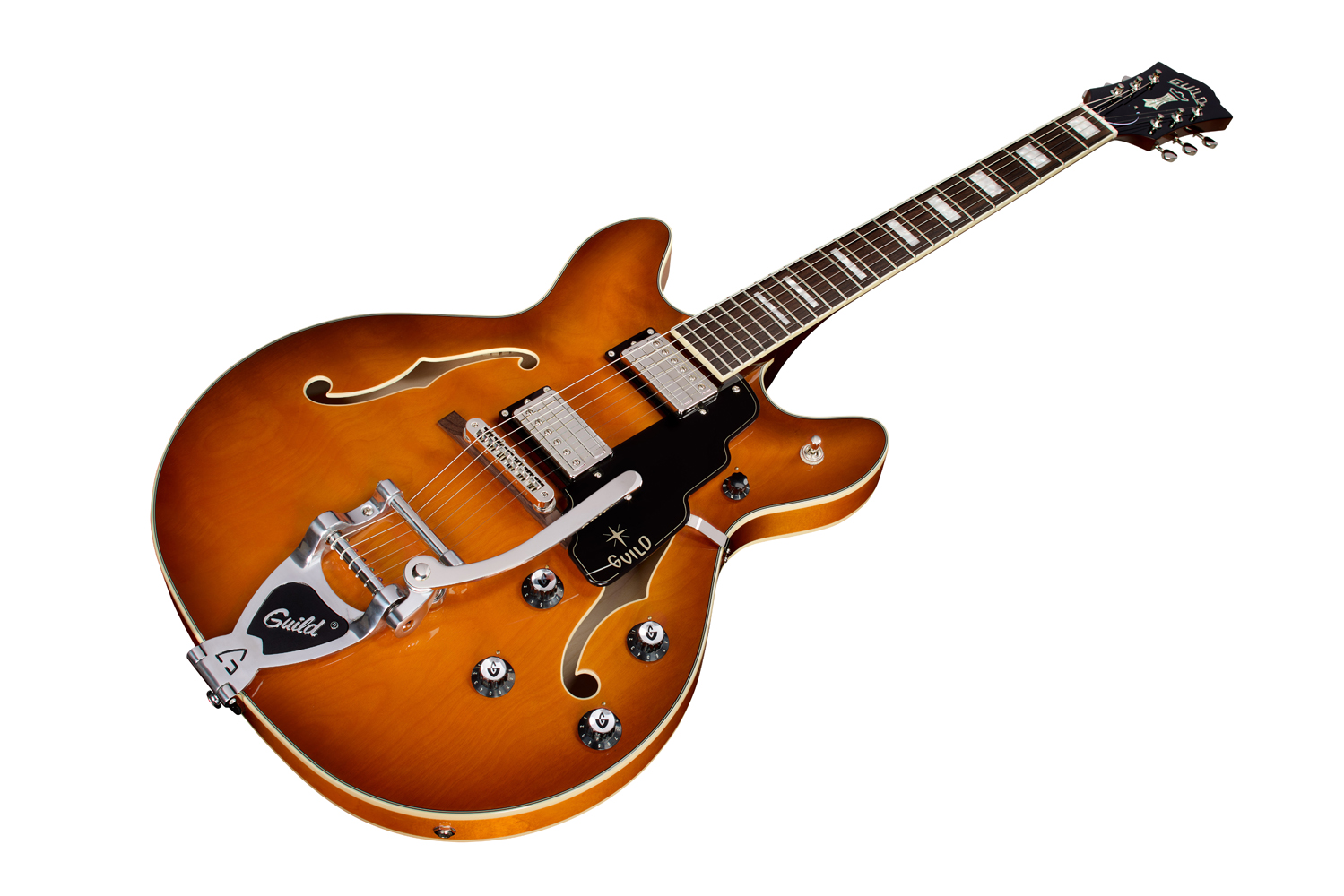Angled front view of Starfire Deluxe DC GVT Honey Burst guitar