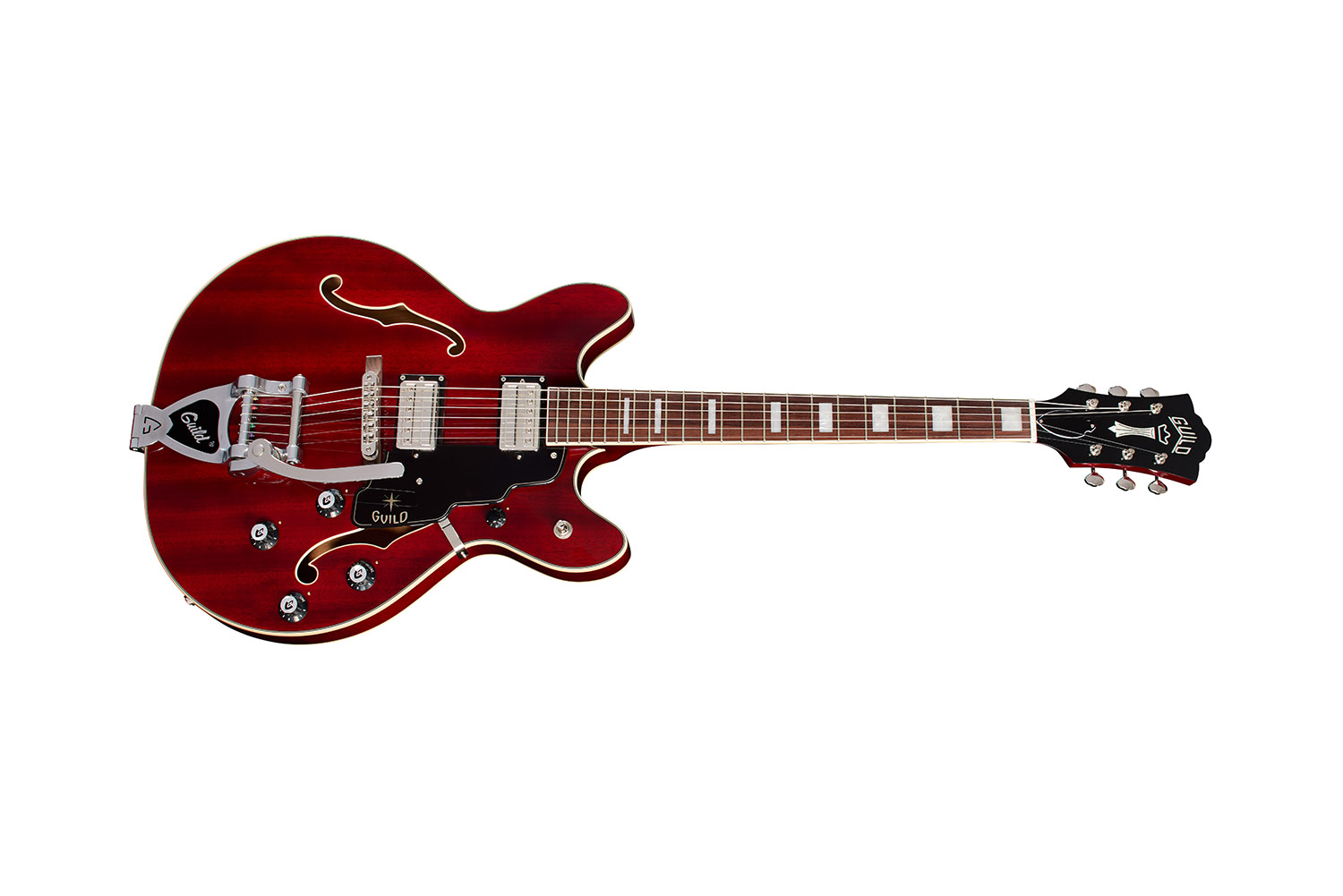 Horizontal side view of Starfire Deluxe SC GVT Cherry guitar
