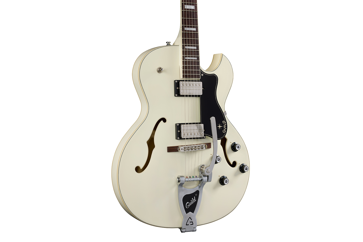 Close-up body view of Starfire Deluxe SC GVT Vintage White guitar