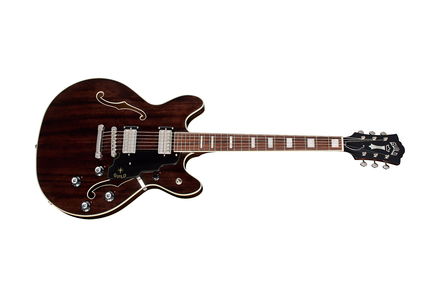 Horizontal side view of Starfire Deluxe DC Nobel Stain guitar