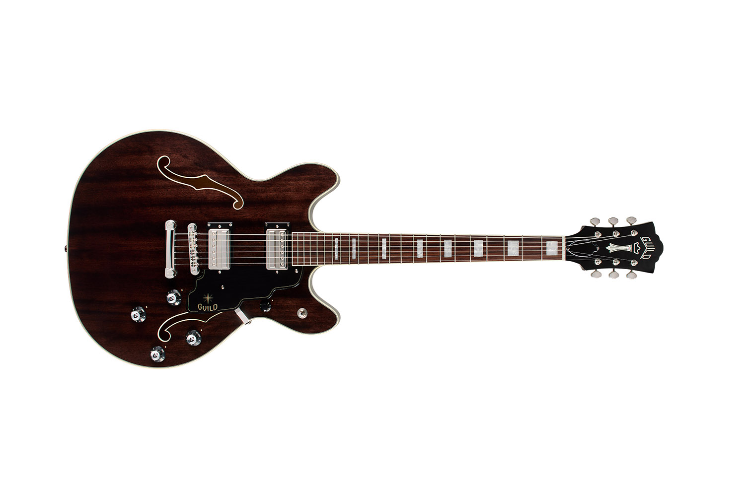 Horizontal front view of Starfire Deluxe DC Nobel Stain guitar