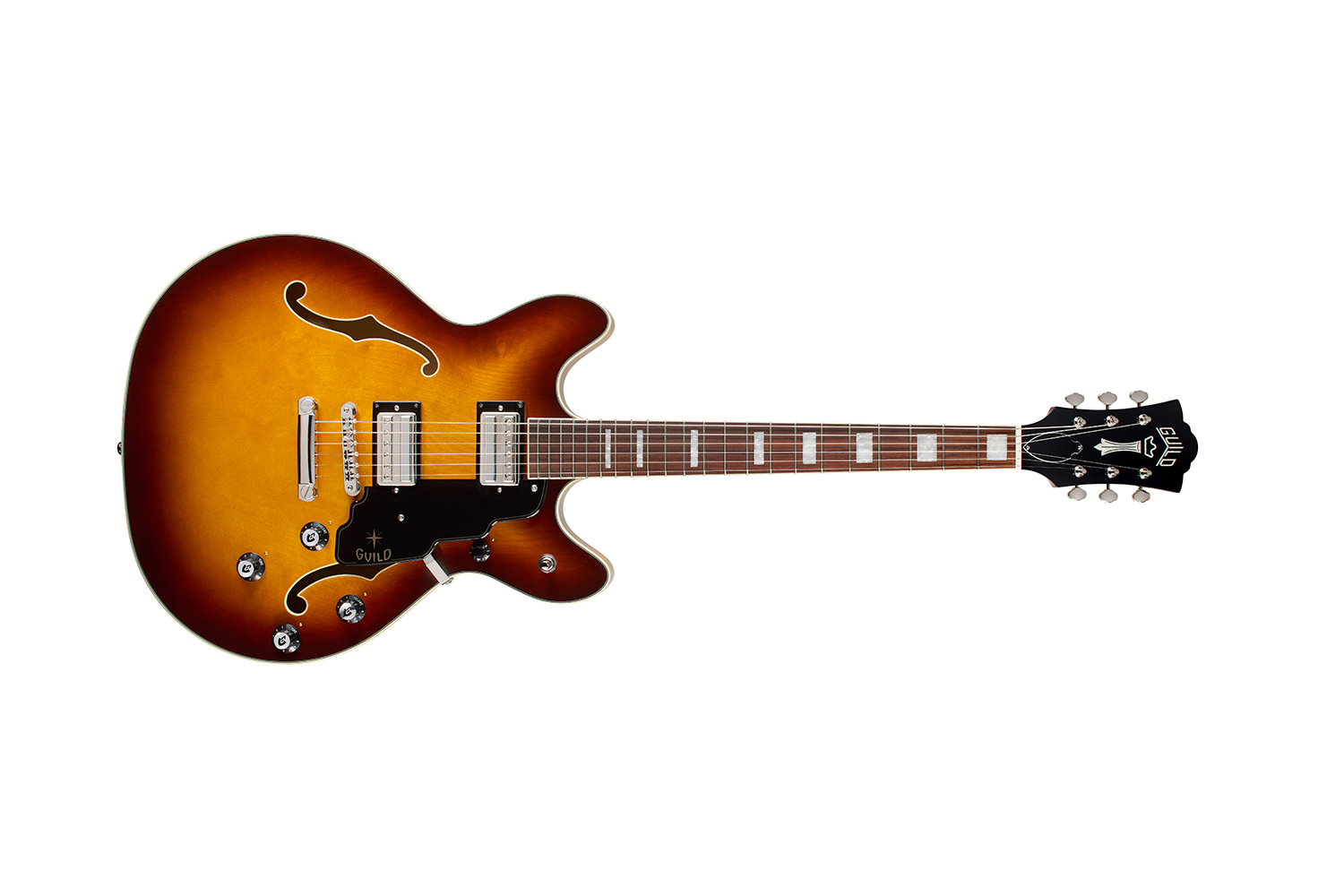 Horizontal front view of Starfire Deluxe DC Sweet Tea guitar