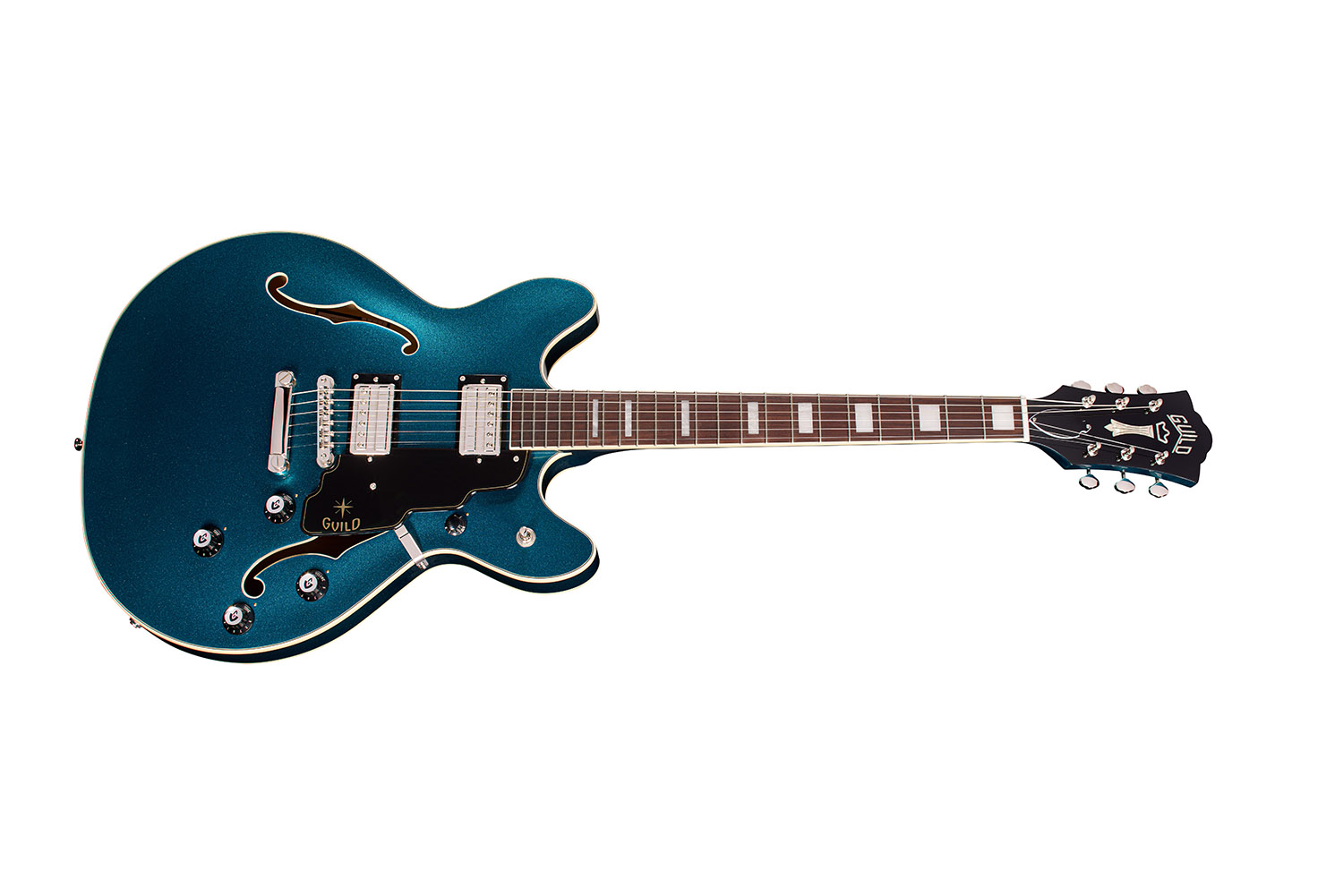 Horizontal side view of Starfire Deluxe DC Teal The Deal guitar