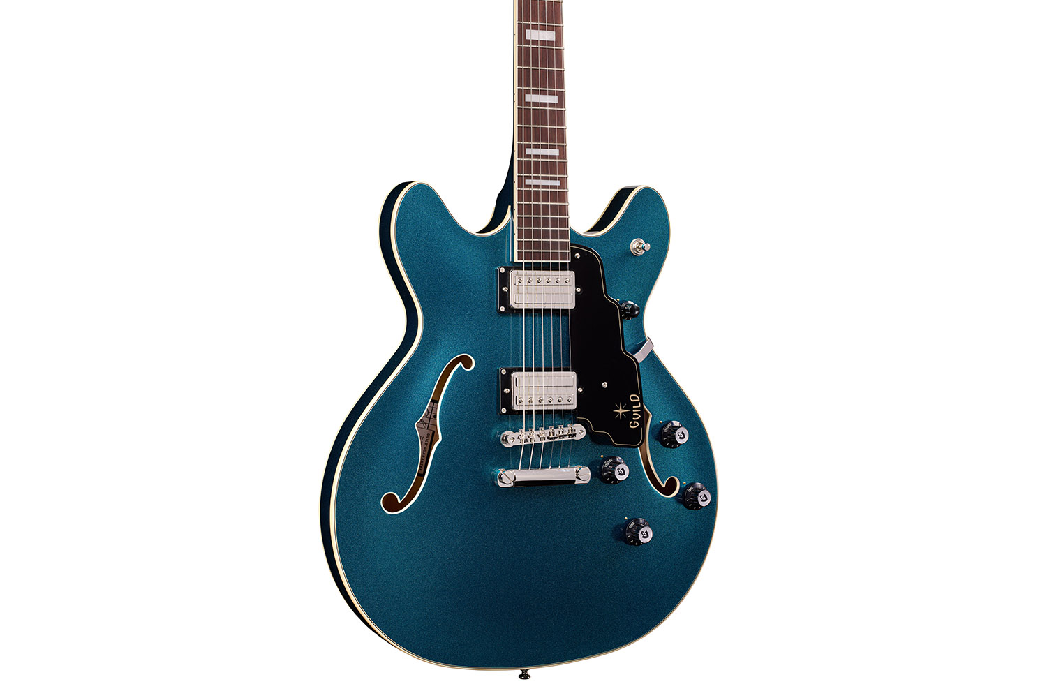 Close-up body view of Starfire Deluxe DC Teal The Deal guitar