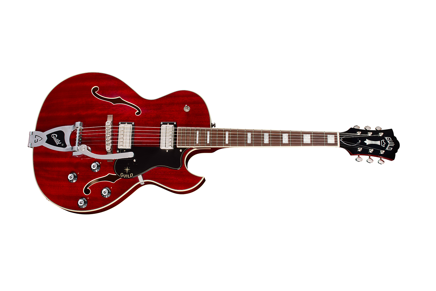 Horizontal side view of Starfire Deluxe DC GVT Cherry guitar