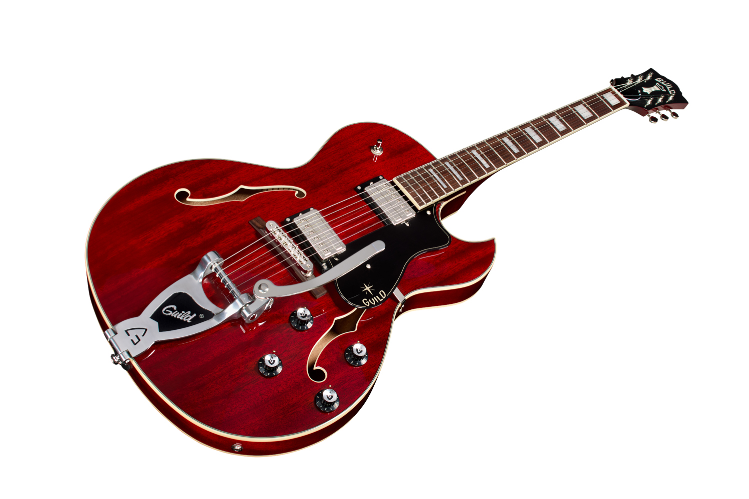 Angled front view of Starfire Deluxe DC GVT Cherry guitar