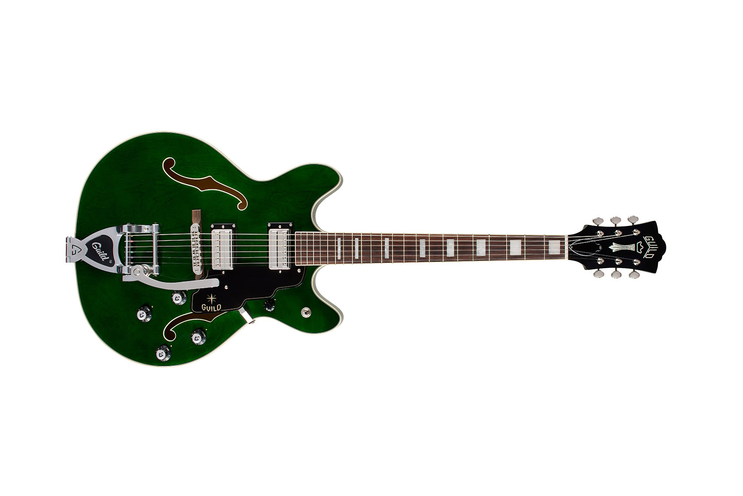 Horizontal front view of Starfire Deluxe DC GVT Emerald Green guitar