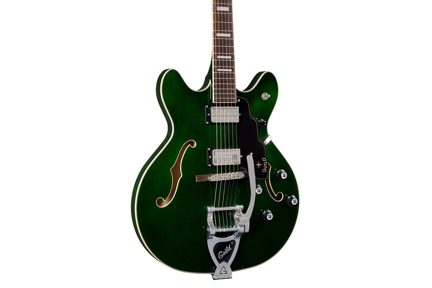 Close-up body view of Starfire Deluxe DC GVT Emerald Green guitar