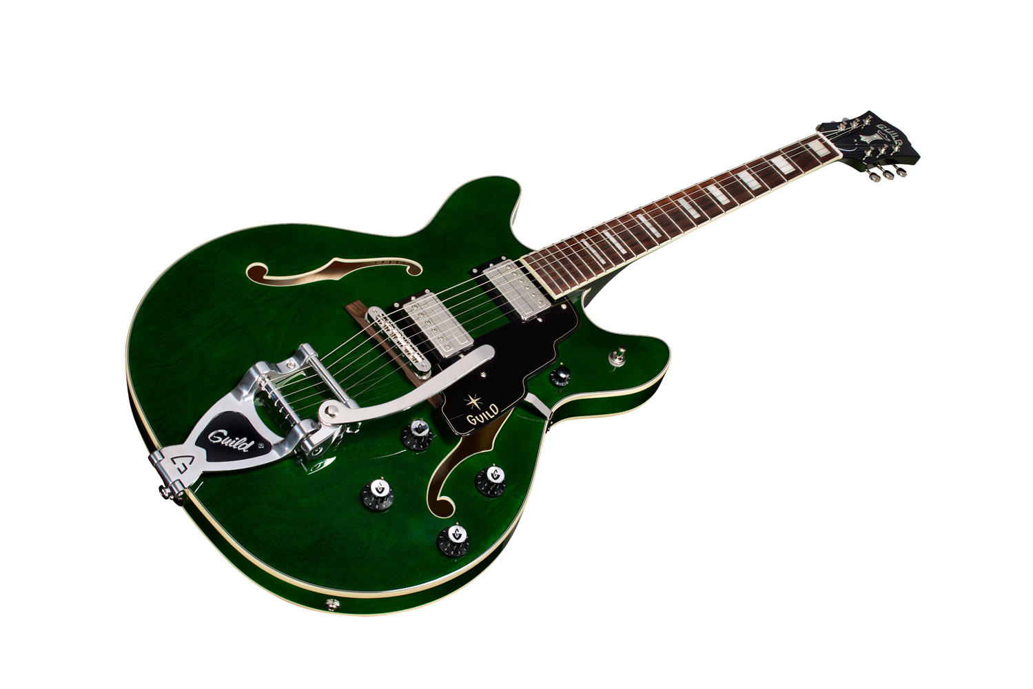 Angled front view of Starfire Deluxe DC GVT Emerald Green guitar