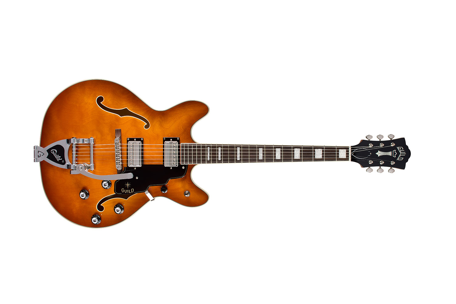 Horizontal front view of Starfire Deluxe DC GVT Honey Burst guitar
