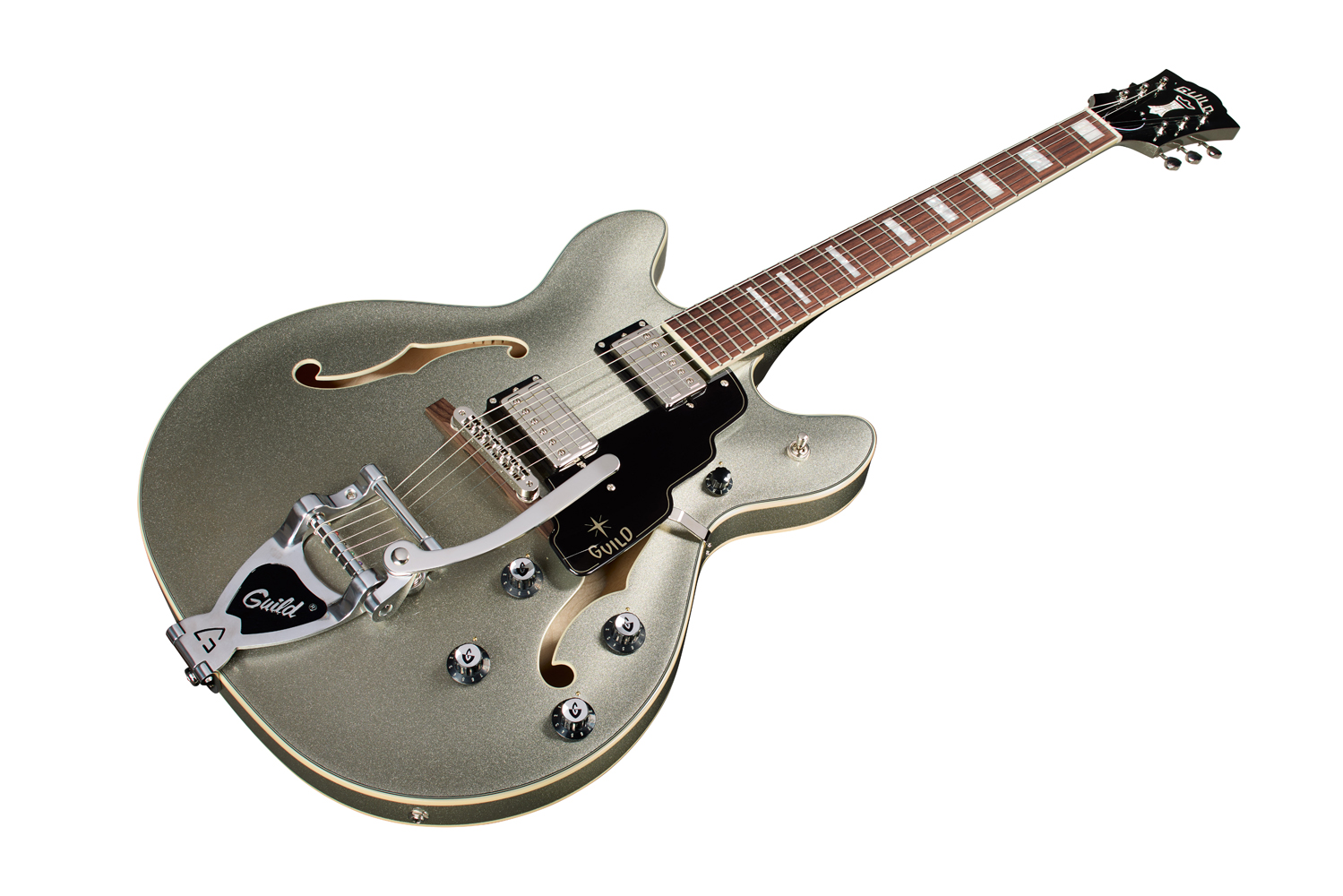 Angled front view of Starfire Deluxe DC GVT Vintage Sterling guitar