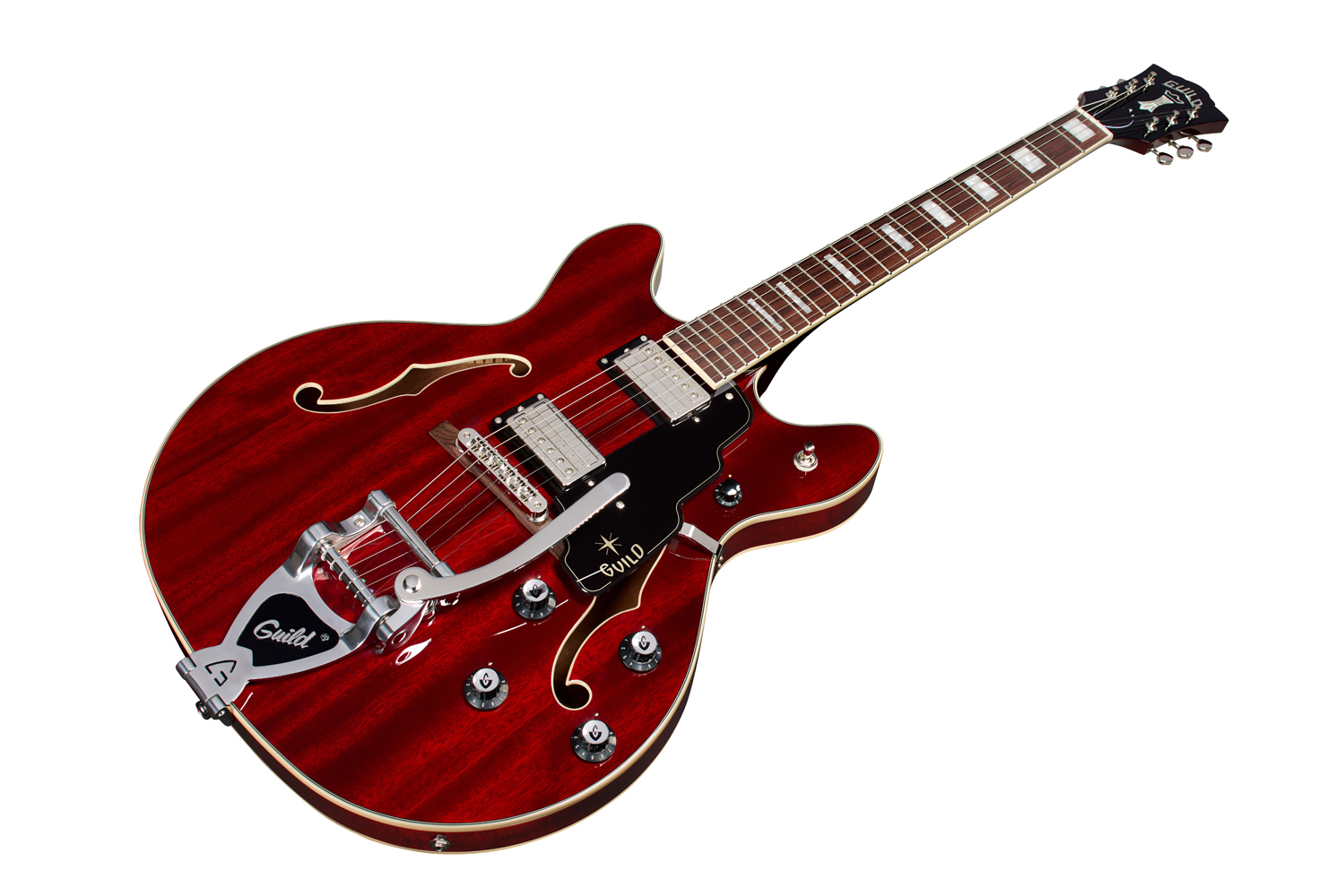 Angled front view of Starfire Deluxe SC GVT Cherry guitar