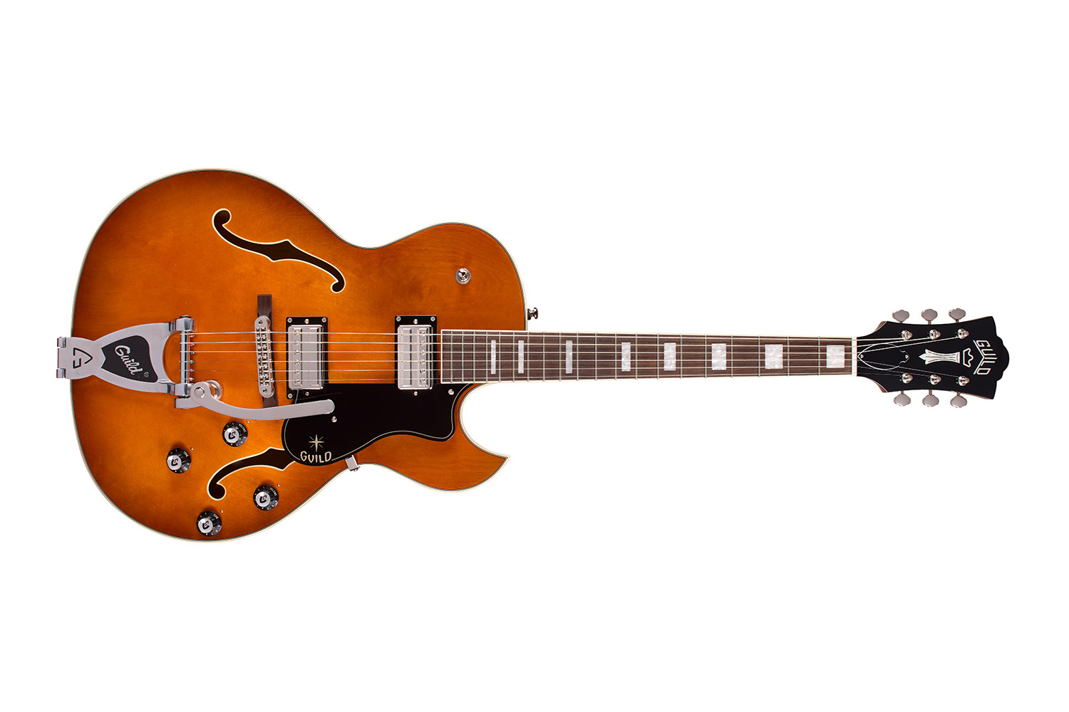 Horizontal front view of Starfire Deluxe SC GVT Honey Burst guitar