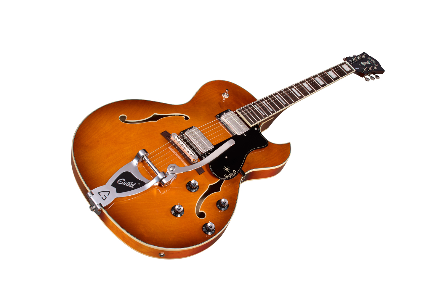 Angled front view of Starfire Deluxe SC GVT Honey Burst guitar