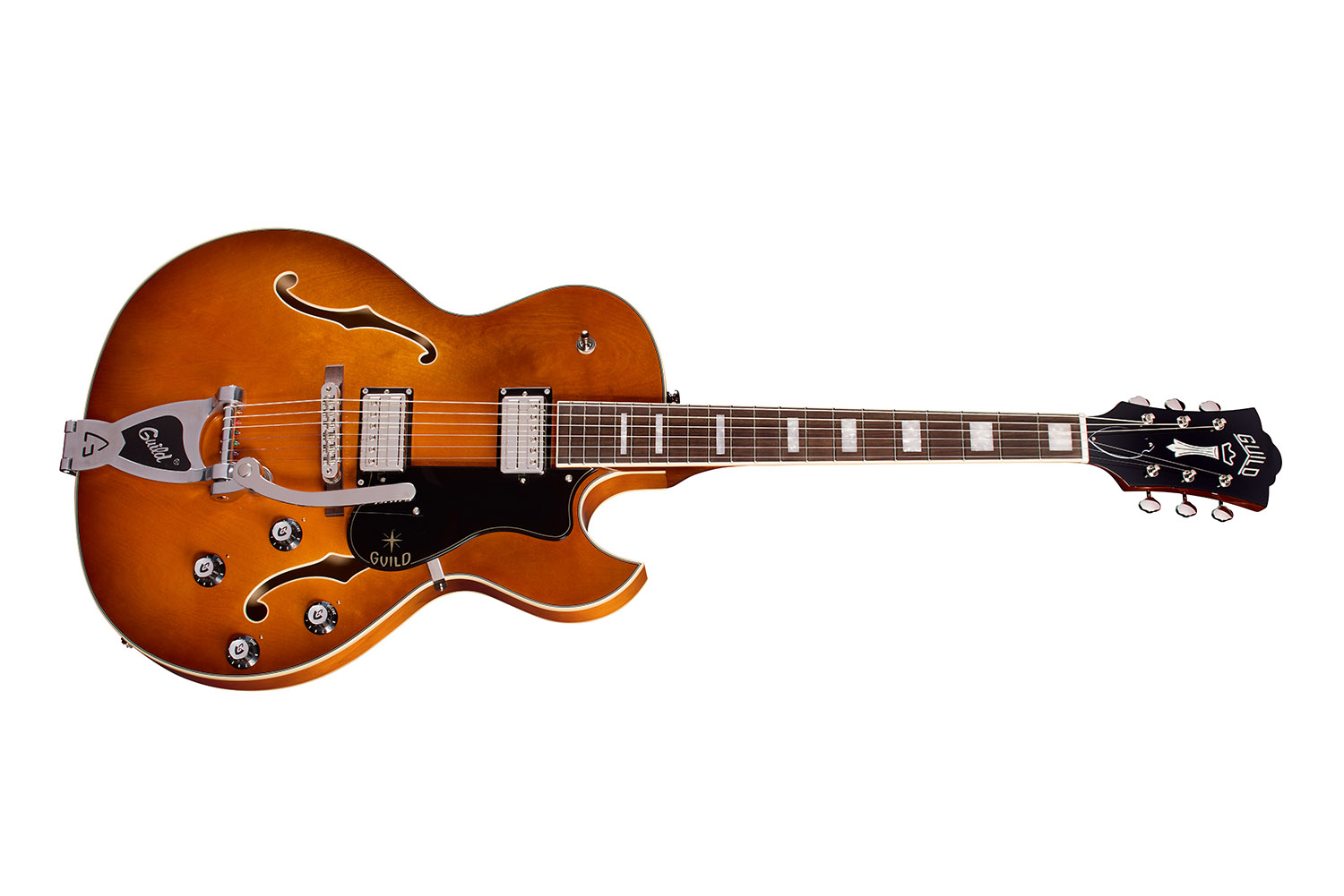 Horizontal side view of Starfire Deluxe SC GVT Honey Burst guitar