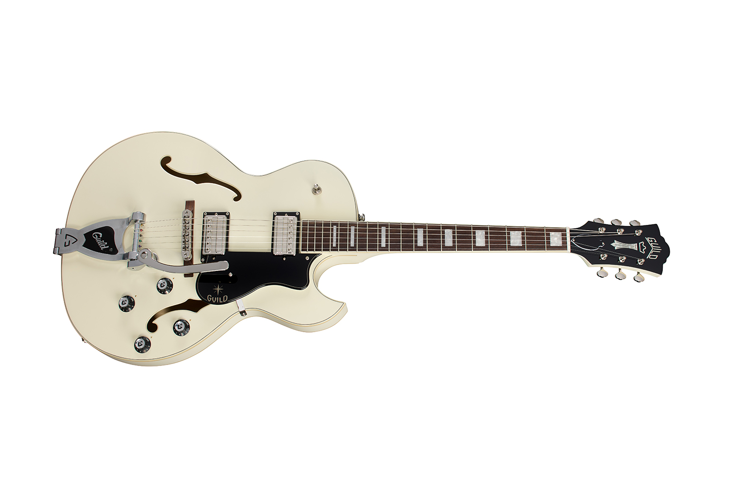 Horizontal side view of Starfire Deluxe SC GVT Vintage White guitar