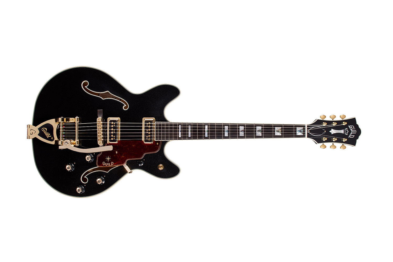 Horizontal front view of Starfire Custom DC GVT GH Black Metallic guitar