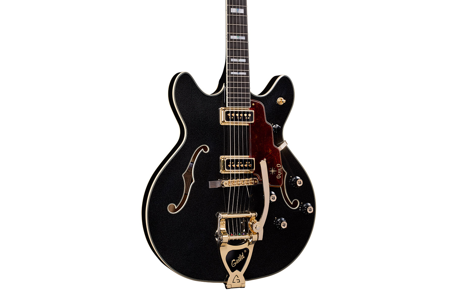 Close-up body view of Starfire Custom DC GVT GH Black Metallic guitar