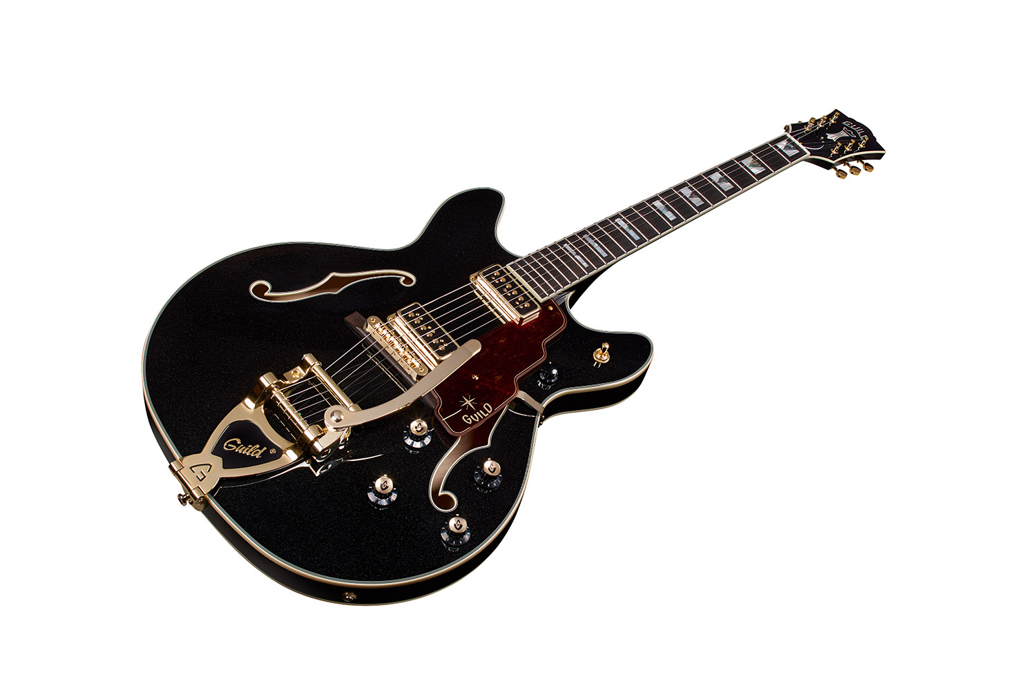 Angled front view of Starfire Custom DC GVT GH Black Metallic guitar