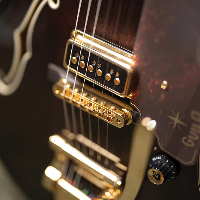 Close-up of the DeArmond Dynasonic pickups on a Starfire Custom DC GVT GH.
