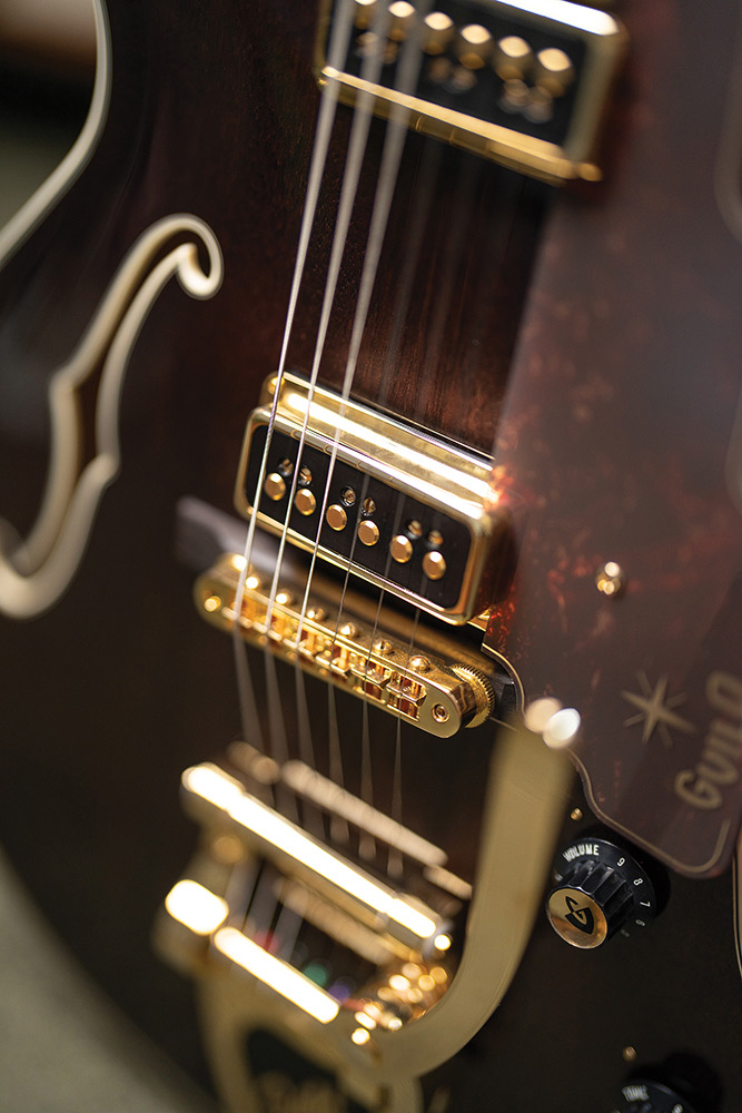 Close-up of the DeArmond Dynasonic pickups on a Starfire Custom DC GVT GH.