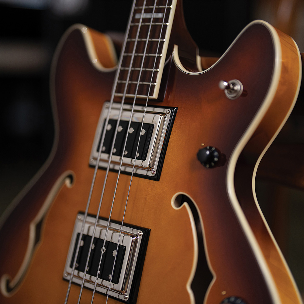 Close-up of both BS-1 BiSonic pickups and control knobs on a Starfire Deluxe Bass Sweet Tea, showing the F-hole and body binding.