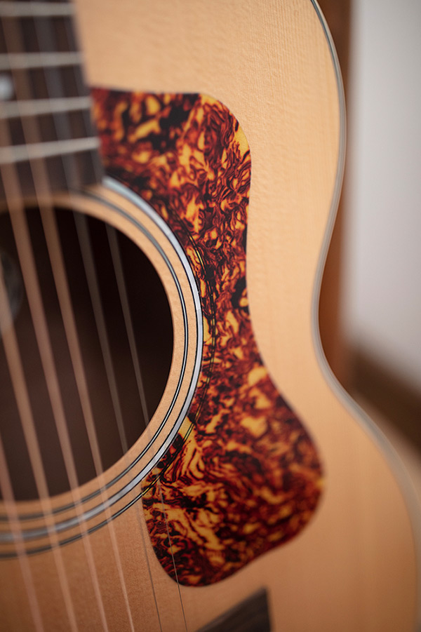 Close-up of OM-240E Natural pickguard