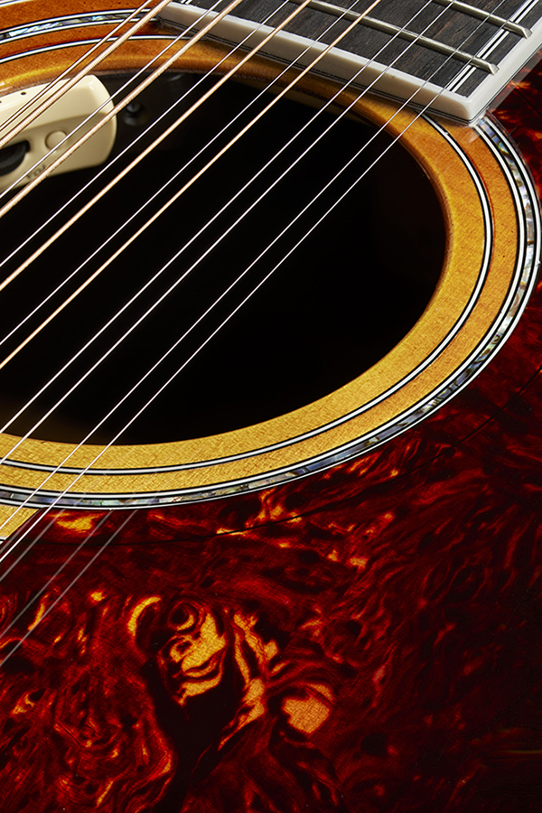 Close-up of F-512E Antique Burst soundhole