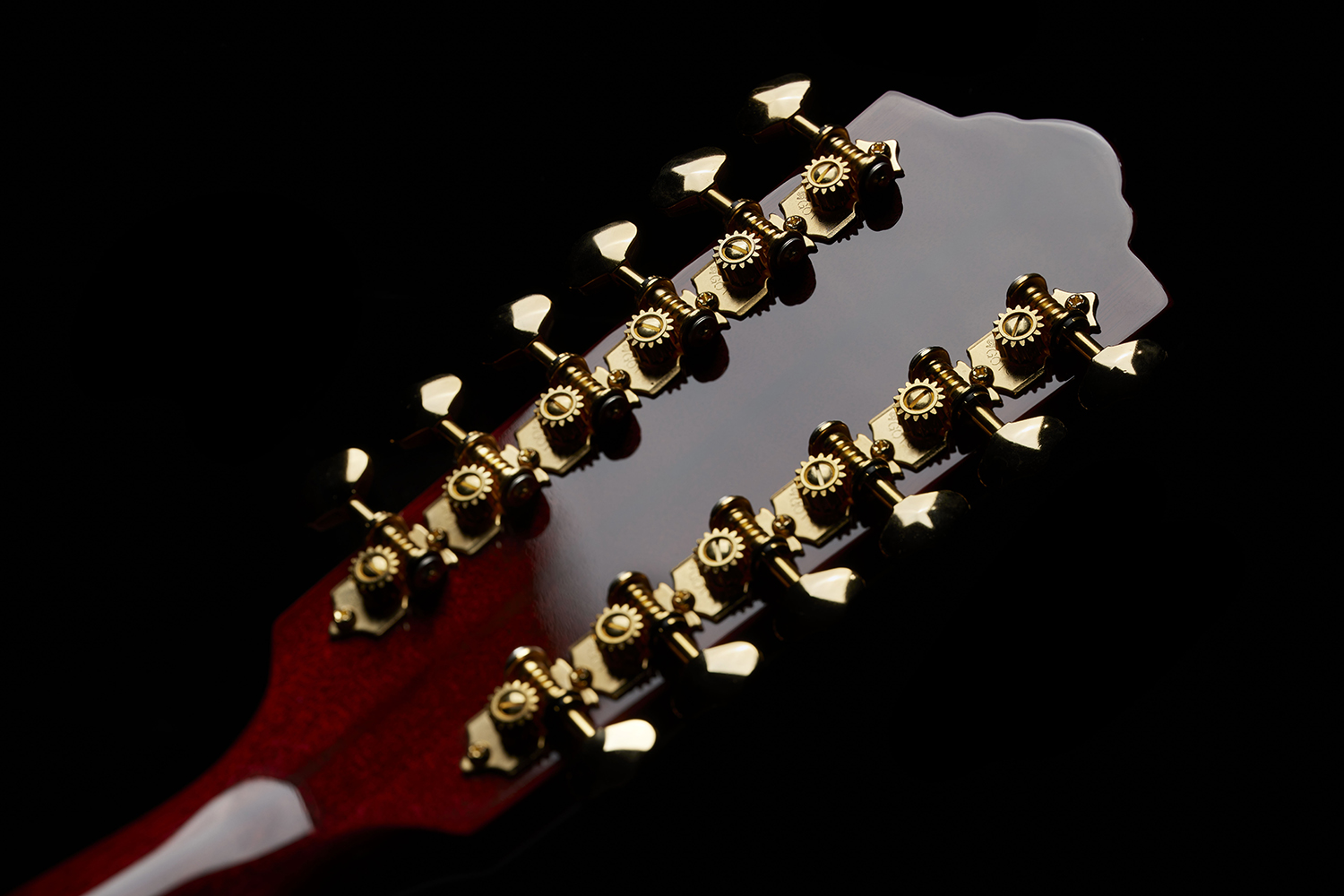 Close-up of F-512E Natural back of headstock and gold tuning pegs.
