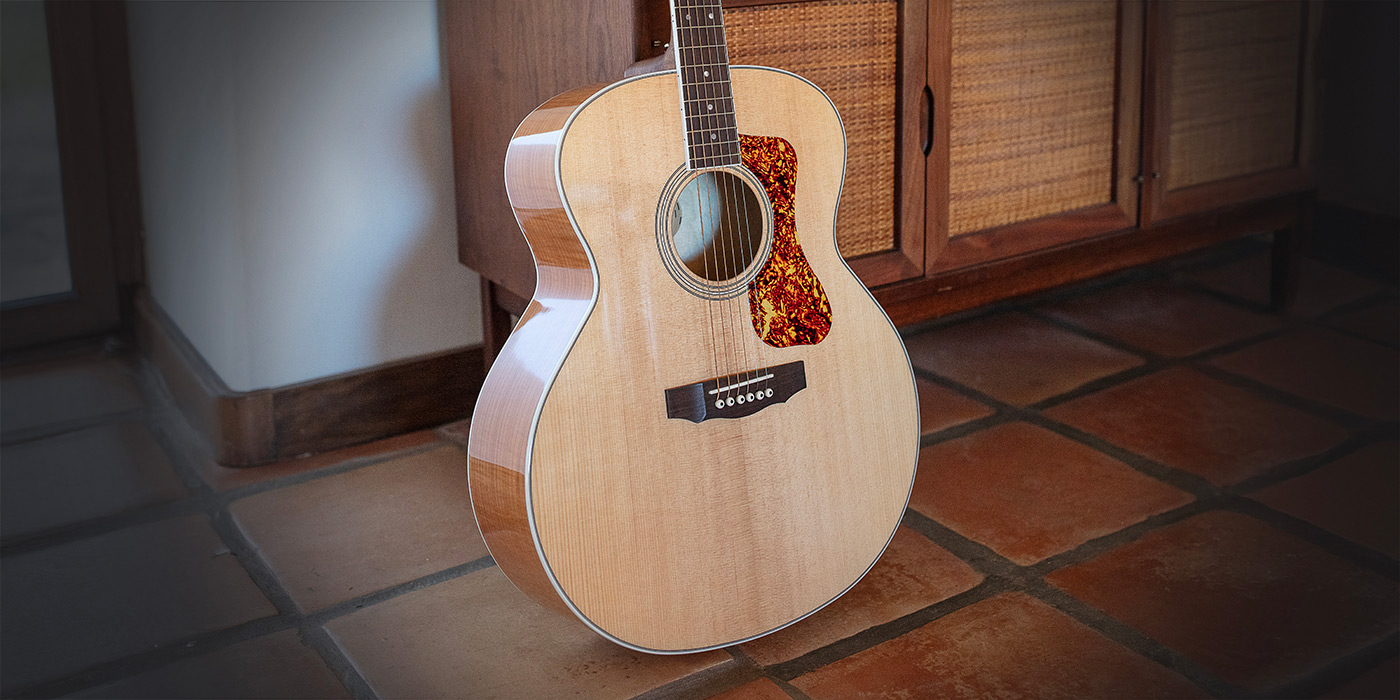 A male guitarist sits casually on a couch playing a F-250E Deluxe Archback Blonde