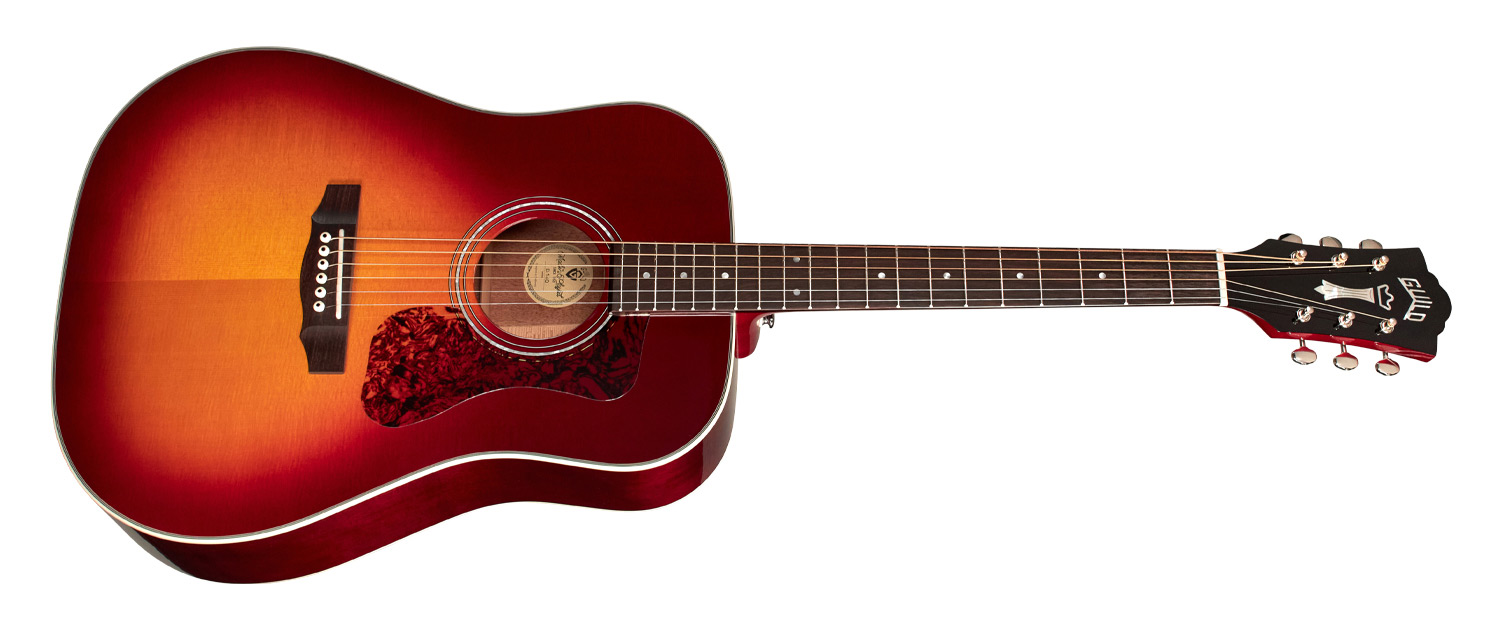 Horizontal side view of D-140 Cherry Burst acoustic guitar