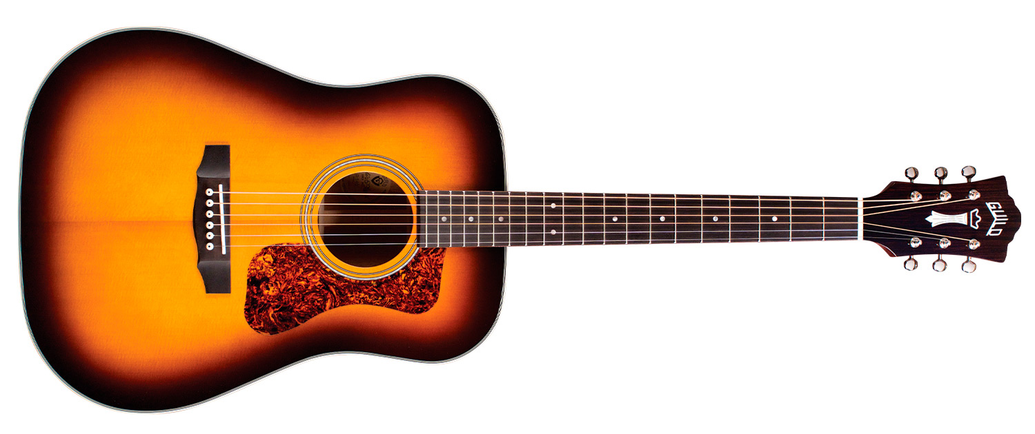 Horizontal front view of D-140 Antique Burst acoustic guitar