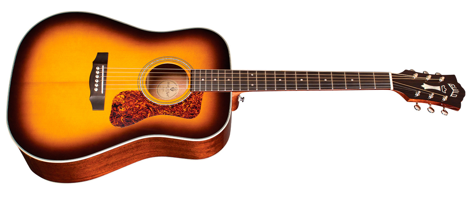 Horizontal side view of D-140 Antique Burst acoustic guitar