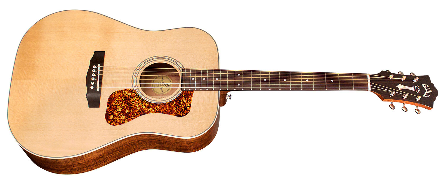 Horizontal side view of D-140 Natural acoustic guitar