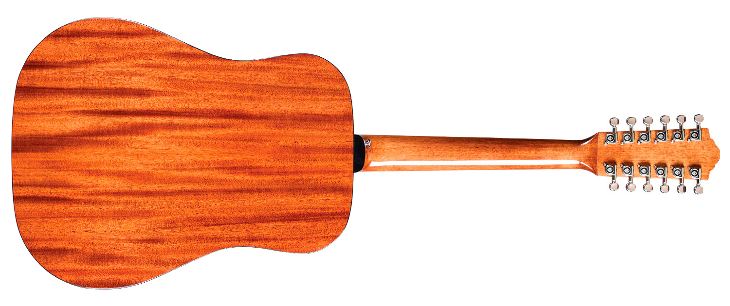 Horizontal back view of D-1212 Natural acoustic guitar