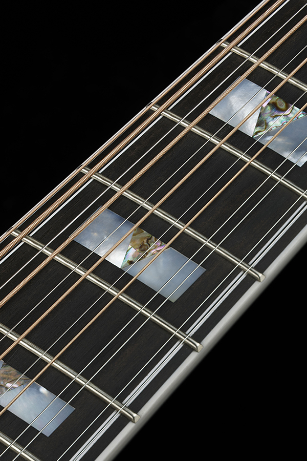 Close-up of F-512E guitar neck showing fretboard inlays and strings.