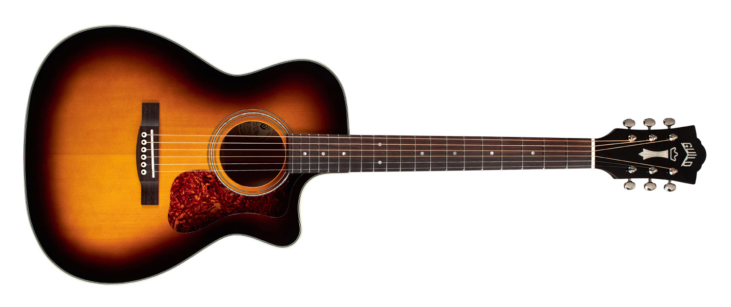 Horizontal front view of OM-140CE Antique Burst Natural acoustic guitar