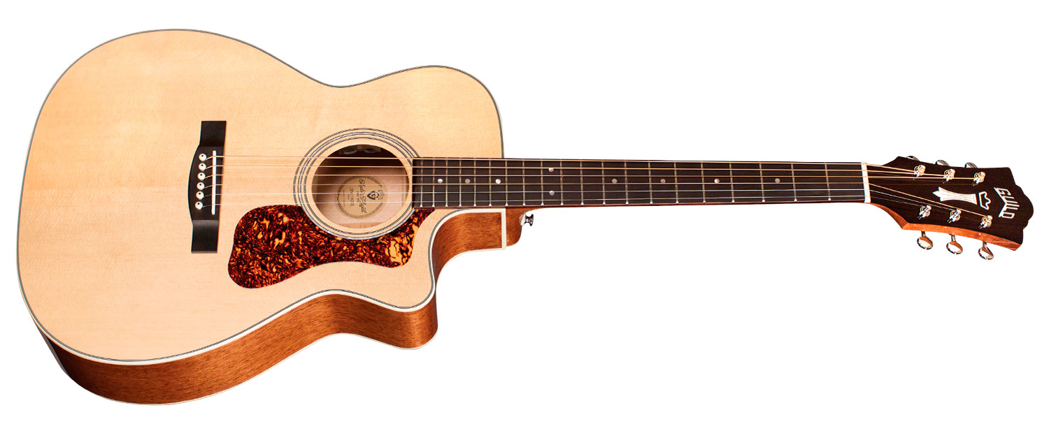 Horizontal side view of OM-140CE Natural acoustic guitar