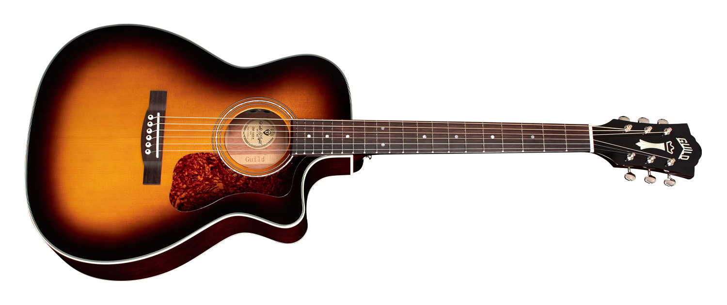 Horizontal side view of OM-140CE Antique Burst Natural acoustic guitar